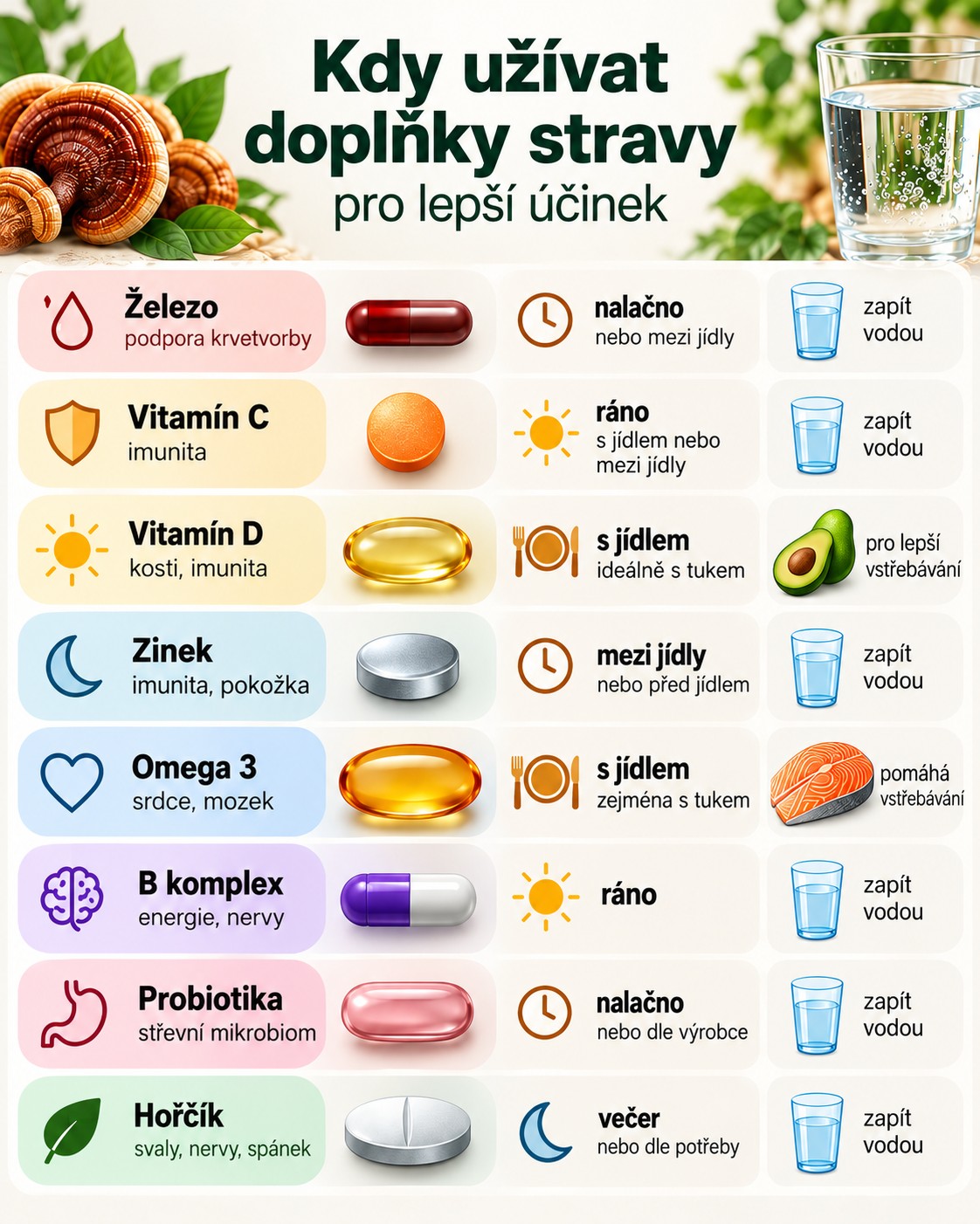 Přehled kdy užívat vybrané doplňky stravy během dne a vzhledem k jídlu